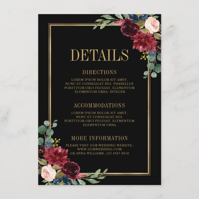 Burgundy Floral Gold Navy Blue Wedding Details Enc Enclosure Card (Front)