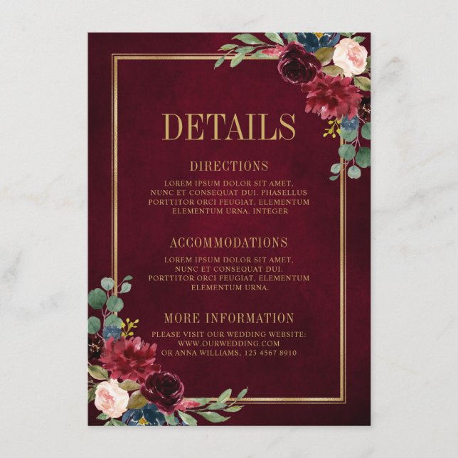 Burgundy Floral Gold Navy Blue Wedding Details Enc Enclosure Card (Front)