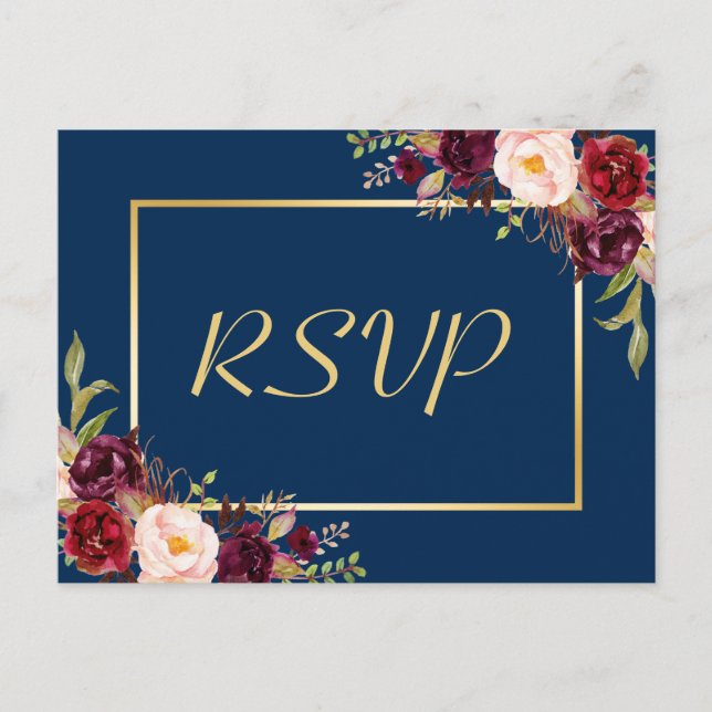 Burgundy Floral Gold Navy Blue Wedding RSVP Reply Invitation Postcard (Front)