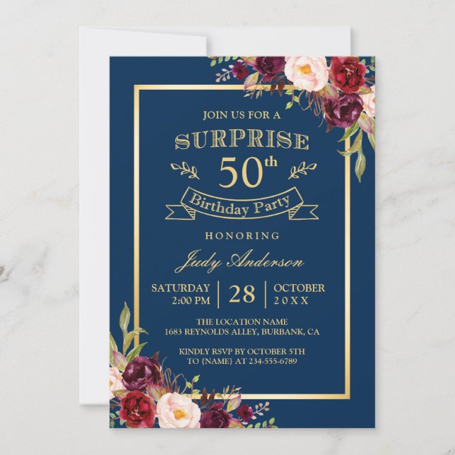 Burgundy Floral Gold Navy Surprise Birthday Party Invitation (Front)
