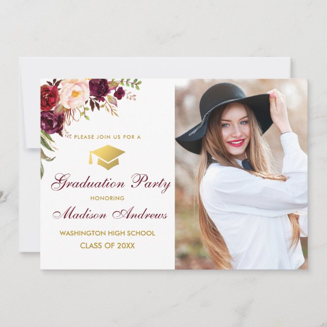 Burgundy Floral Gold Photo Graduation Party Invite (Front)