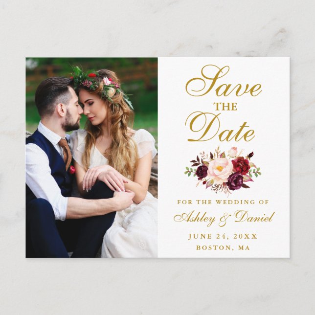 Burgundy Floral Gold Photo Save The Date Postcard (Front)