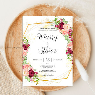 Burgundy Floral Gold Polygonal Geometric Wedding Invitation