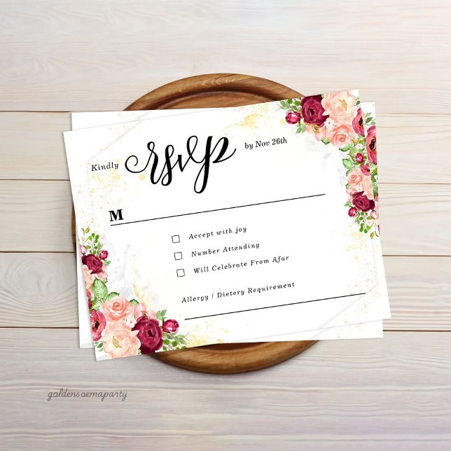Burgundy Floral Gold Polygonal Geometric Wedding RSVP Card (Burgundy Floral Gold Polygonal Geometric Wedding RSVP card)