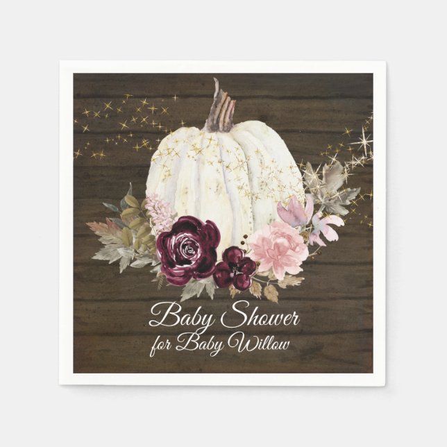 Burgundy Floral Gold Pumpkin Baby Shower Rustic Napkin (Front)