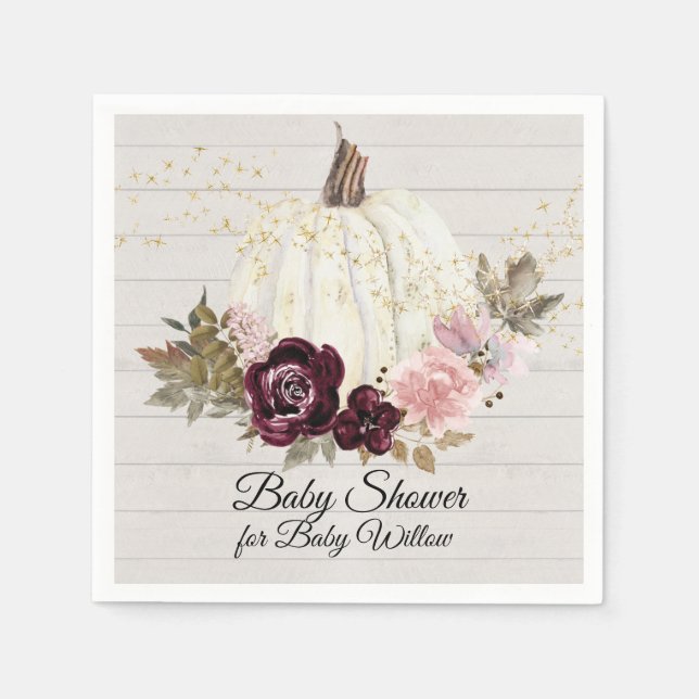 Burgundy Floral Gold Pumpkin Baby Shower Wood Napkin (Front)