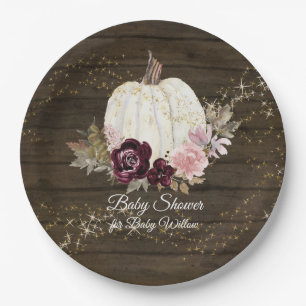 Burgundy Floral Gold Pumpkin Rustic Baby Shower Paper Plate