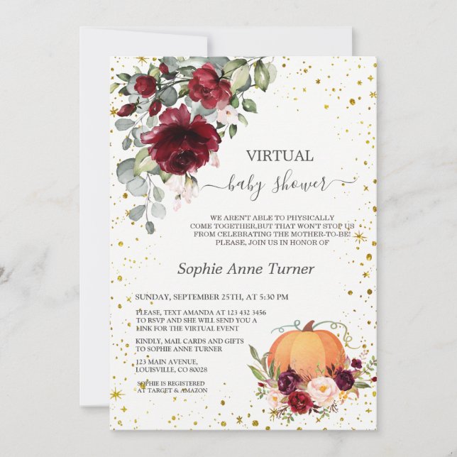 Burgundy Floral Gold Pumpkin Virtual Baby Shower Invitation (Front)