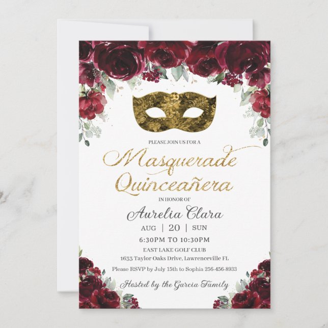 Burgundy Floral Gold Quinceañera Masquerade Mask Invitation (Front)