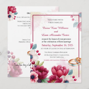 Burgundy Floral & Gold Rings Elegant Wedding Invit Invitation