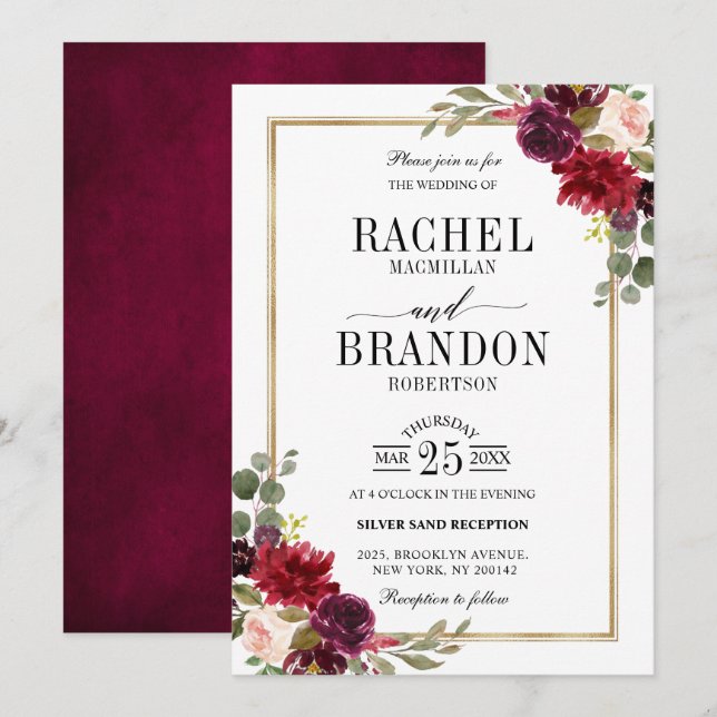 Burgundy Floral Gold Rustic Wedding Invitation (Front/Back)