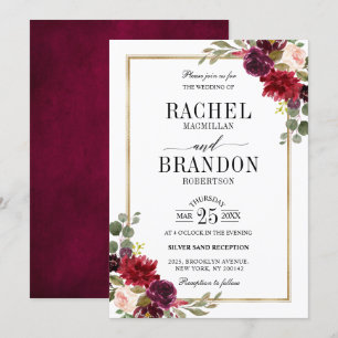 Burgundy Floral Gold Rustic Wedding Invitation