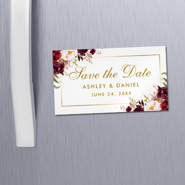 Burgundy Floral Gold Save The Date Mini Magnet (Customize to change text size, color or text style.)