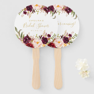Burgundy Floral Gold Script Bridal Shower Hand Fan