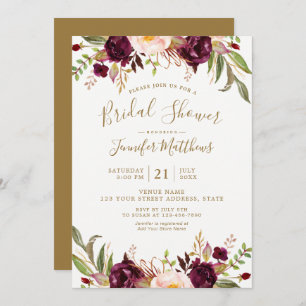 Burgundy Floral Gold Script Rustic Bridal Shower Invitation