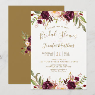 Burgundy Floral Gold Script Rustic Bridal Shower Invitation
