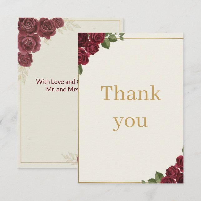 Burgundy Floral Gold Script Wedding Thank You Card (Front/Back)