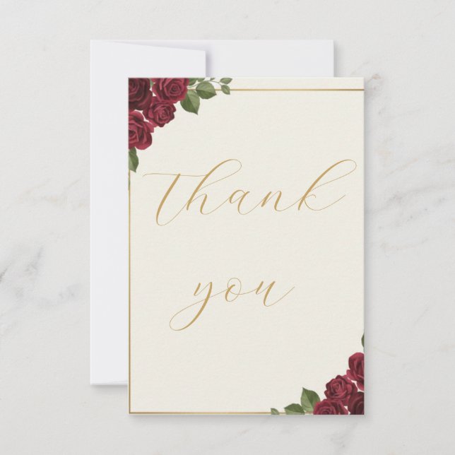 Burgundy Floral Gold Script Wedding Thank You Card (Front)