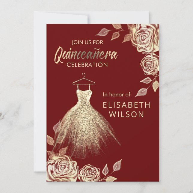 Burgundy Floral gold sequins dress Quinceañera  In Invitation (Front)