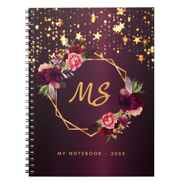 Burgundy floral gold stars geometric monogram notebook (Front)
