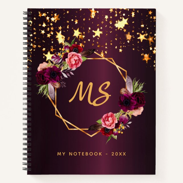 Burgundy floral gold stars geometric monogram notebook (Front)