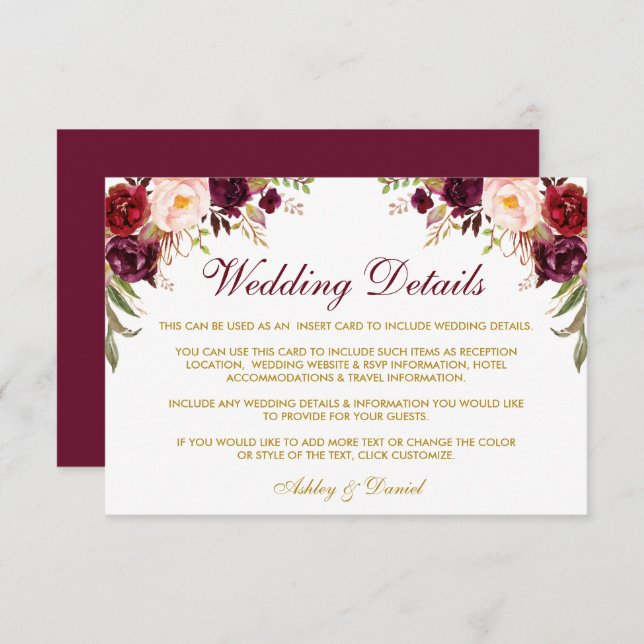 Burgundy Floral Gold Wedding Details Insert Card (Front/Back)