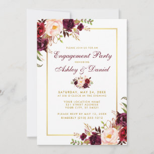 Burgundy Floral Gold Wedding Engagement Invite B