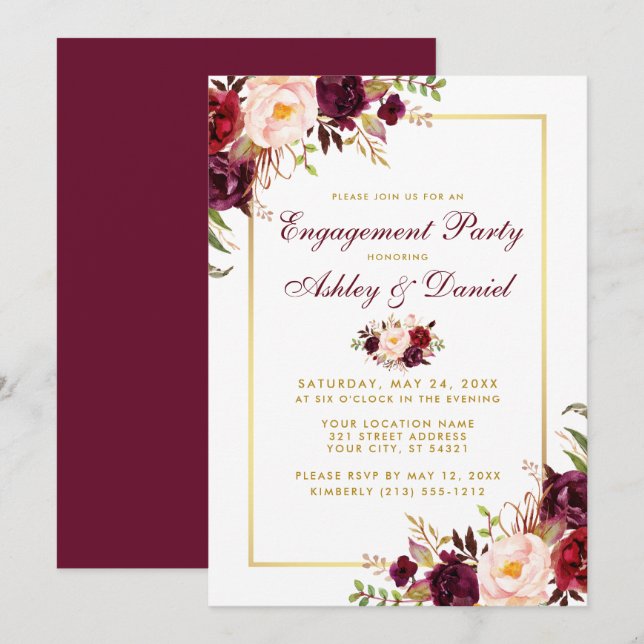 Burgundy Floral Gold Wedding Engagement Invite BB (Front/Back)