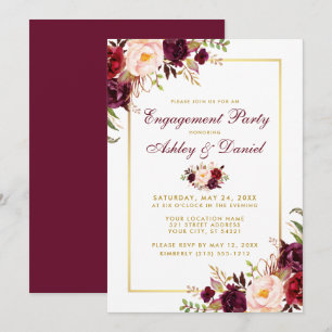 Burgundy Floral Gold Wedding Engagement Invite BB