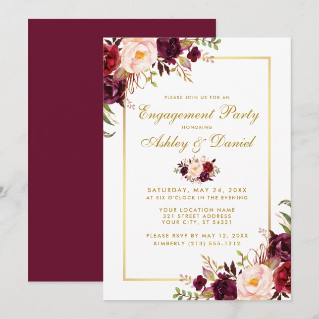 Burgundy Floral Gold Wedding Engagement Invite GB (Front/Back)