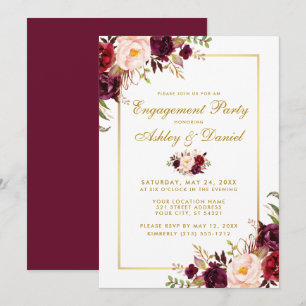 Burgundy Floral Gold Wedding Engagement Invite GB