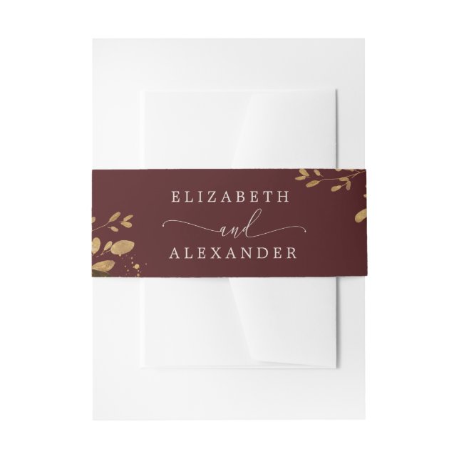 Burgundy floral gold wedding invitation belly band (Front Example)