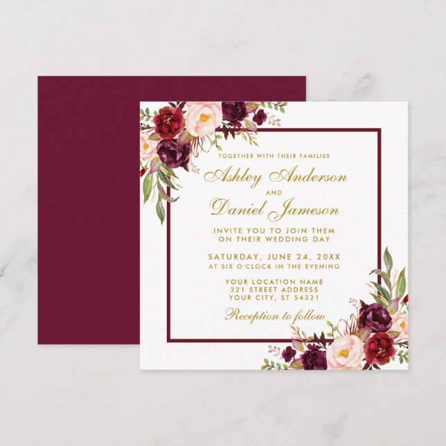Burgundy Floral Gold Wedding Invite Card G (Front/Back)