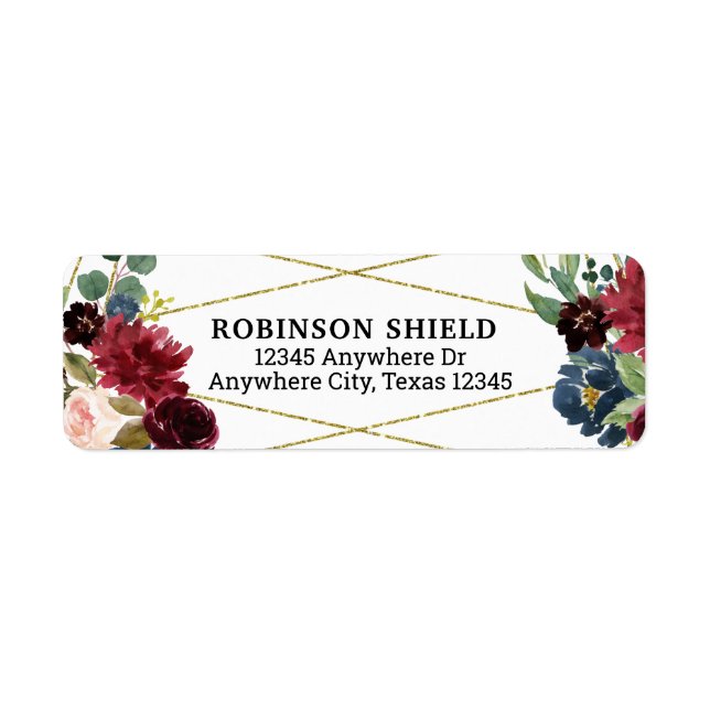 Burgundy Floral Gold Wedding Return Address Label (Front)