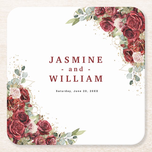 Burgundy Floral  Gold  Wedding  Square Paper Coaster (Front)