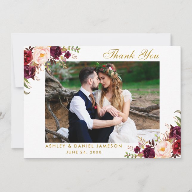 Burgundy Floral Gold Wedding Thank You Card (Front)
