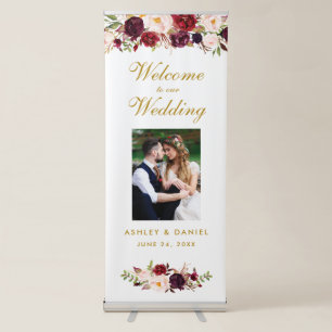 Burgundy Floral Gold Wedding Welcome Photo Retractable Banner