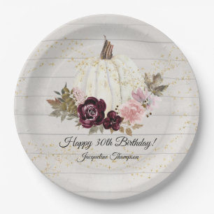 Burgundy Floral Gold White Pumpkin 30th Birthday Paper Plate