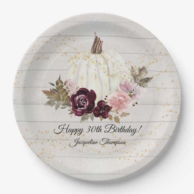 Burgundy Floral Gold White Pumpkin 30th Birthday Paper Plate (Front)