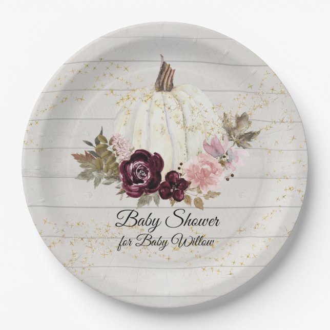 Burgundy Floral Gold White Pumpkin Baby Shower Paper Plate (Front)