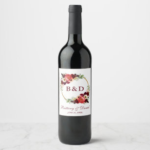Burgundy Floral Gold Wreath Boho Wedding Wine Label