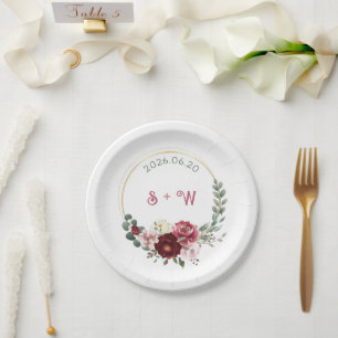 Burgundy Floral & Gold Wreath Monogram Wedding Paper Plate