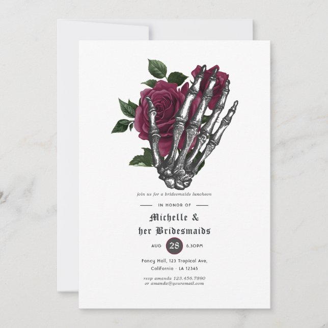 Burgundy Floral Gothic Skulls Bridesmaids Luncheon Invitation (Front)