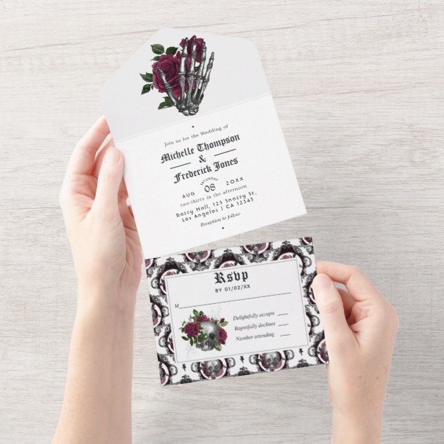 Burgundy Floral Gothic Wedding All In One Invitation (Tearaway)