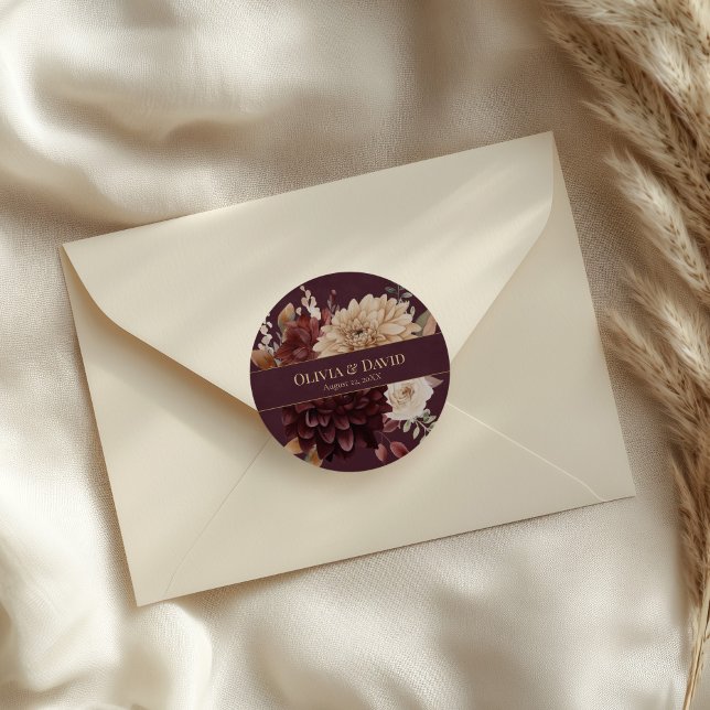 Burgundy Floral Gothic Wedding Round Sticker (Burgundy Floral Gothic Wedding Round Sticker on an elegant neutral wedding envelope.)