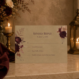 Burgundy Floral Gothic Wedding RSVP Card