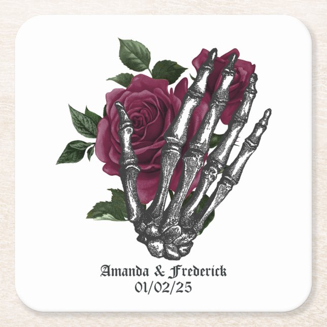 Burgundy Floral Gothic Wedding Square Paper Coaster (Front)