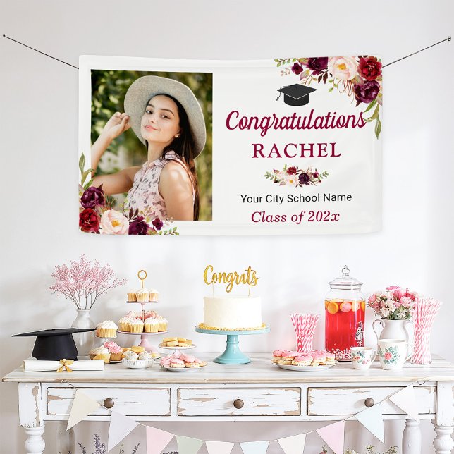 Burgundy Floral Graduate Photo Graduation Party Banner (Creator Uploaded)