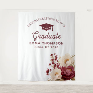 Burgundy Floral Graduation Class Of 2026 Backdrop Tapestry