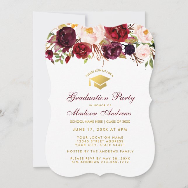 Burgundy Floral Graduation Party Gold Invite B (Front)